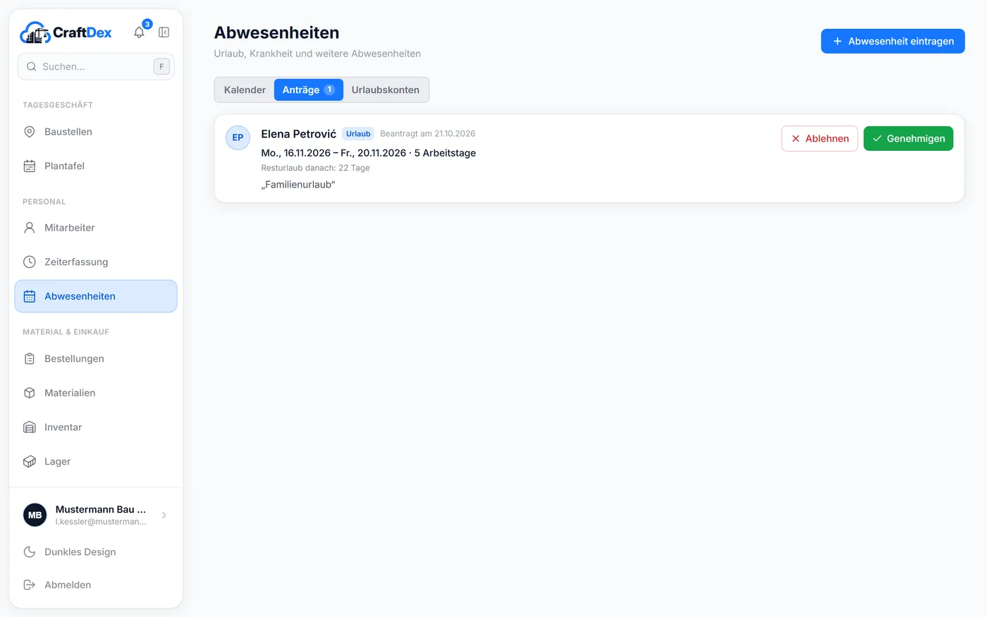 Offener Urlaubsantrag mit Arbeitstagen, Resturlaub danach, Genehmigen und Ablehnen