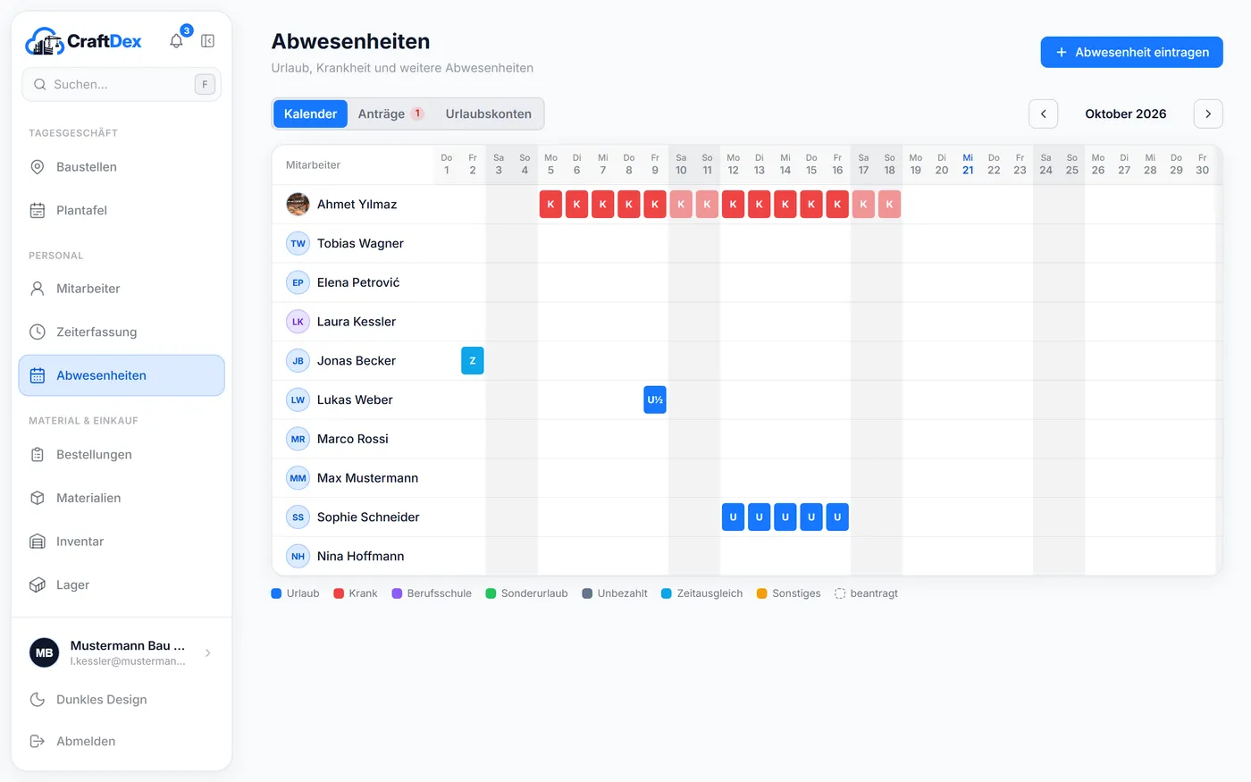 Abwesenheitskalender eines Monats mit Urlaub, Krankheit und Zeitausgleich je Mitarbeiter