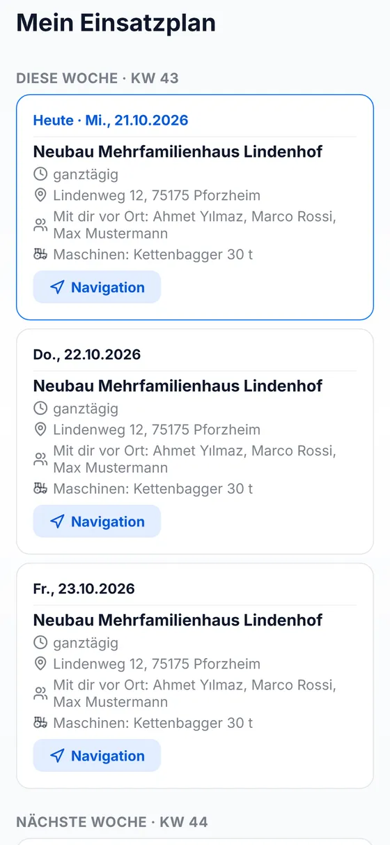 CraftDex-App: Mein Einsatzplan mit Baustelle, Kollegen und Navigation