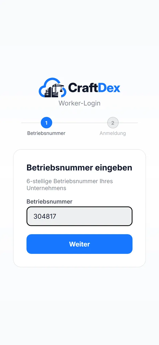 App-Anmeldung, Schritt 1: Betriebsnummer eingeben