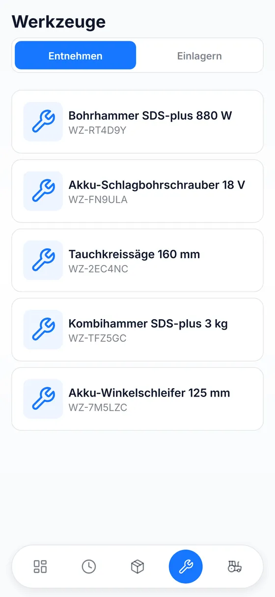 App: Werkzeuge mit Entnehmen und Einlagern