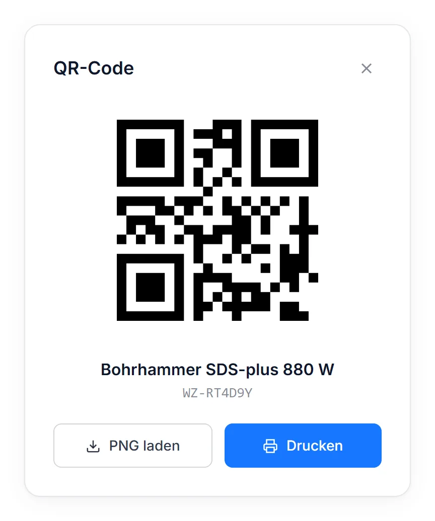 QR-Code eines Werkzeugs mit PNG laden und Drucken