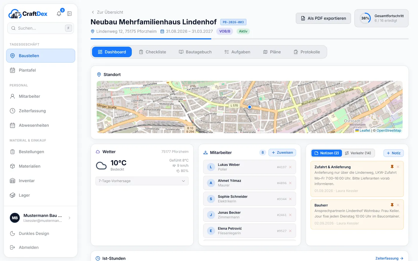 CraftDex im Browser: Baustellen-Dashboard mit Karte, Wetter, Team und Notizen