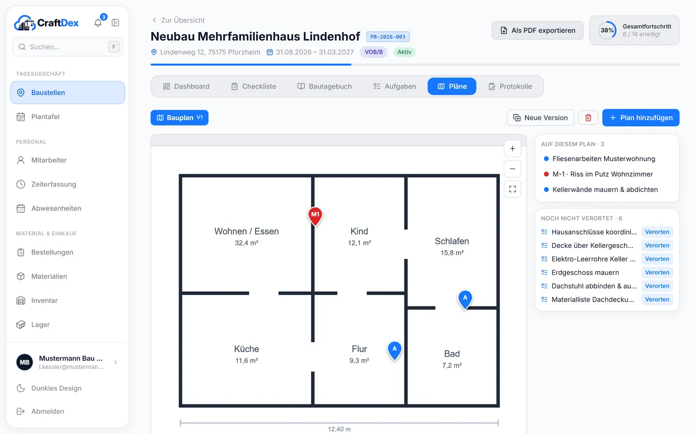 Reiter Pläne mit Grundriss, Markierungen und der Liste noch nicht verorteter Einträge