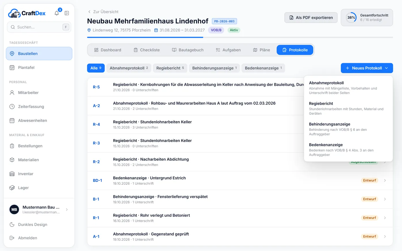 Reiter Protokolle mit Liste und Auswahl „Neues Protokoll“