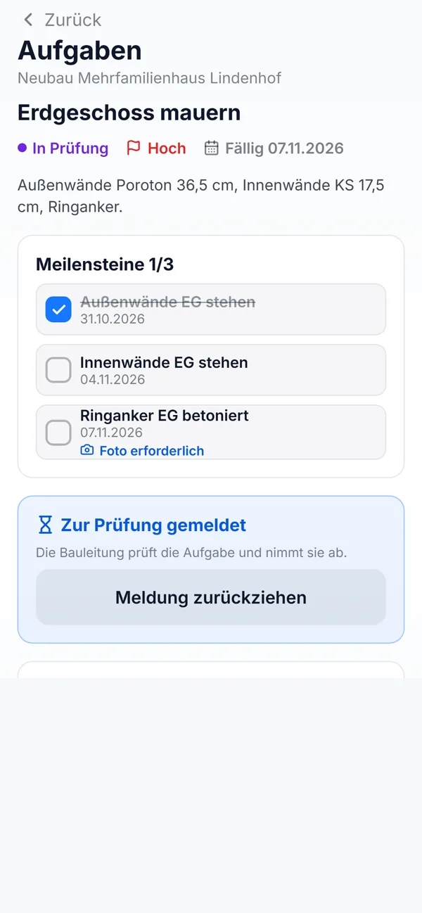App: Aufgabe mit Meilensteinen und Foto-Pflicht