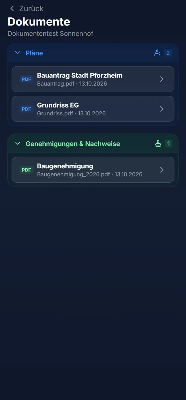 App: Dokumente nach Kategorie gruppiert