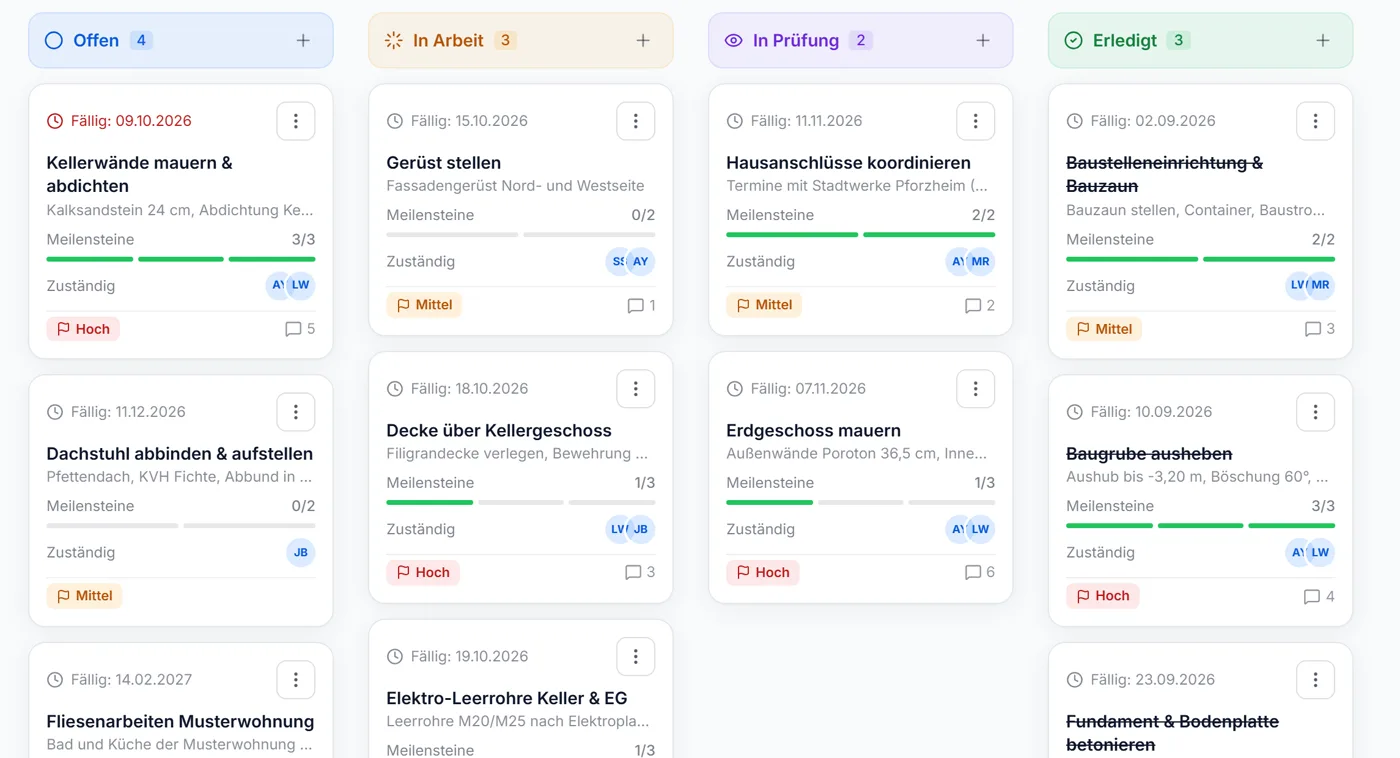 Aufgaben als Kanban mit Status und Zuständigen