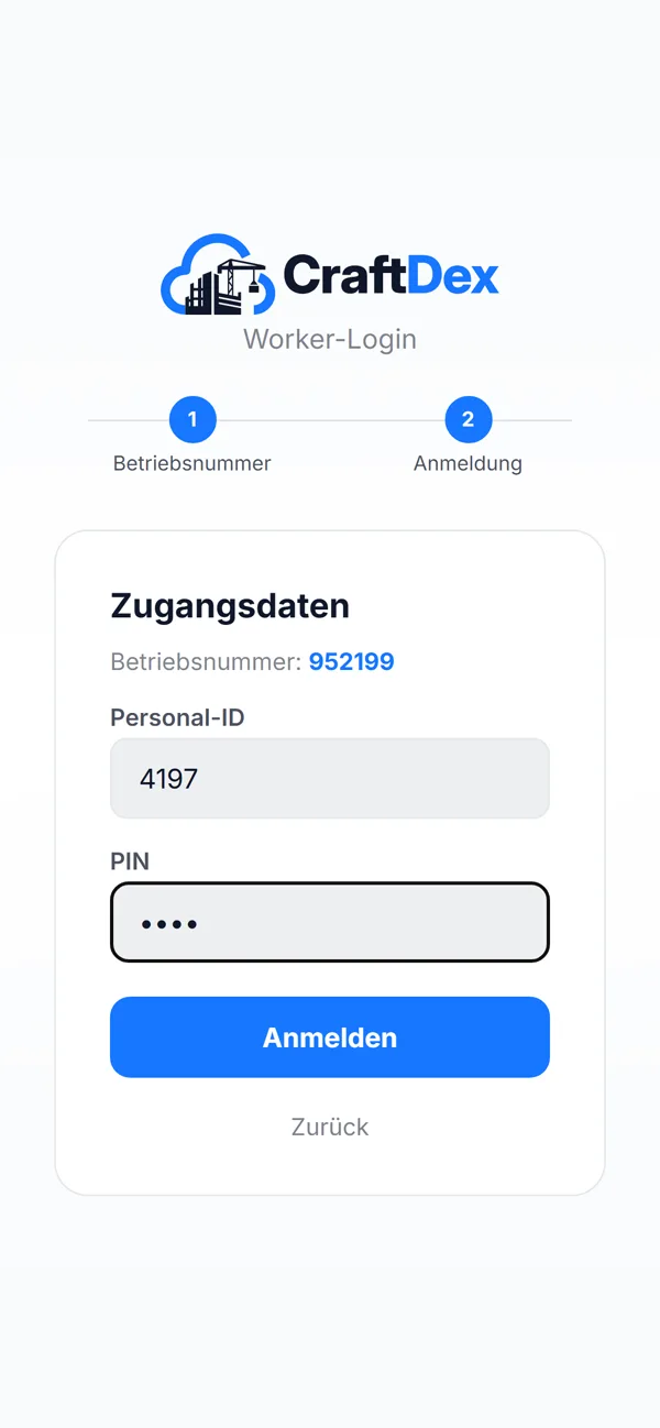 App: Anmeldung mit Betriebsnummer, Personal-ID und PIN