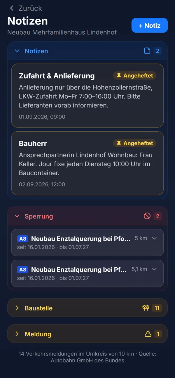 App: Notizen und Verkehrslage im Umkreis